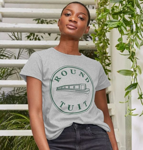 A photo of a woman wearing a grey t-shirt