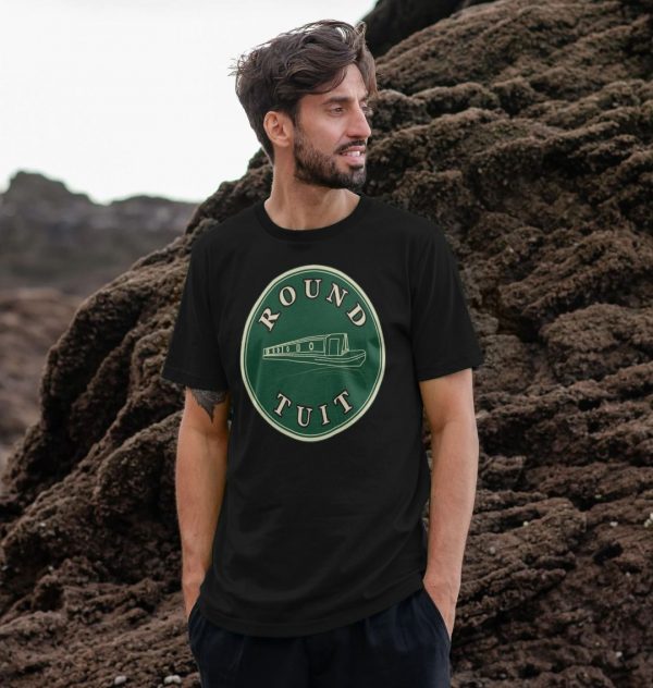 A photo of a man wearing a black t-shirt