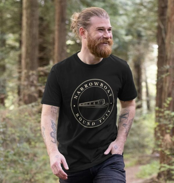 A photo of a man wearing a black t-shirt