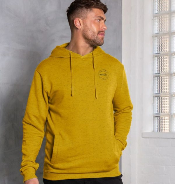 A photo of a man wearing a sunflower yellow hoodie