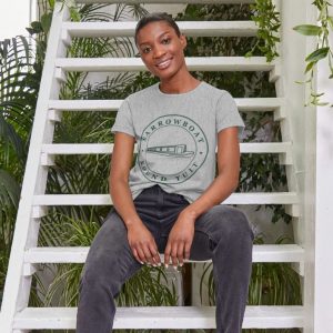 A photo of a woman wearing a grey t-shirt