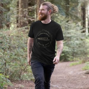 A photo of a man wearing a black t-shirt