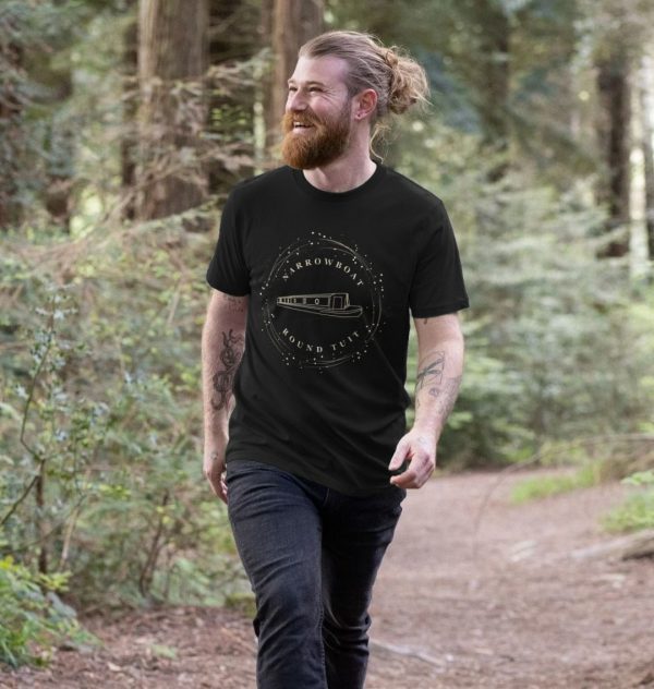A photo of a man wearing a black t-shirt