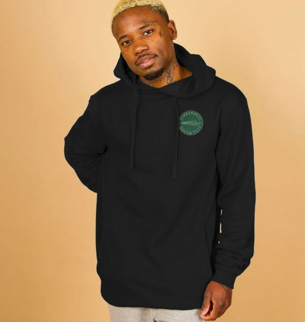 A photo of a man wearing a black hoodie