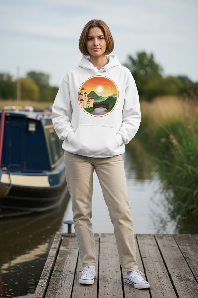 Mock-up of a model wearing the Sunset Kingdom design on a white unisex hoodie, with a canal and narrowboat in the background.