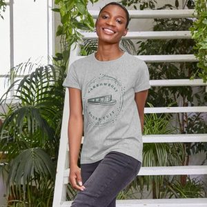 A photo of a woman wearing a grey t-shirt