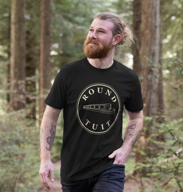 A photo of a man wearing a black t-shirt