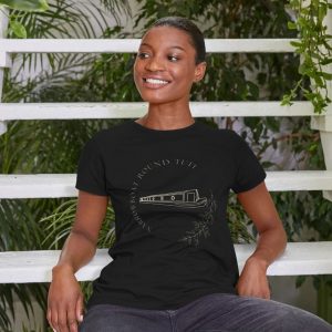 A photo of a woman wearing a black t-shirt