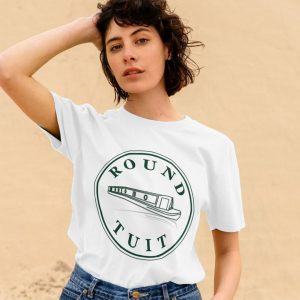 A photo of a woman wearing a white t-shirt