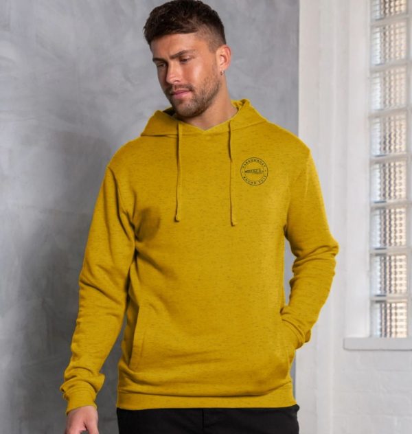A photo of a man wearing a sunflower yellow hoodie